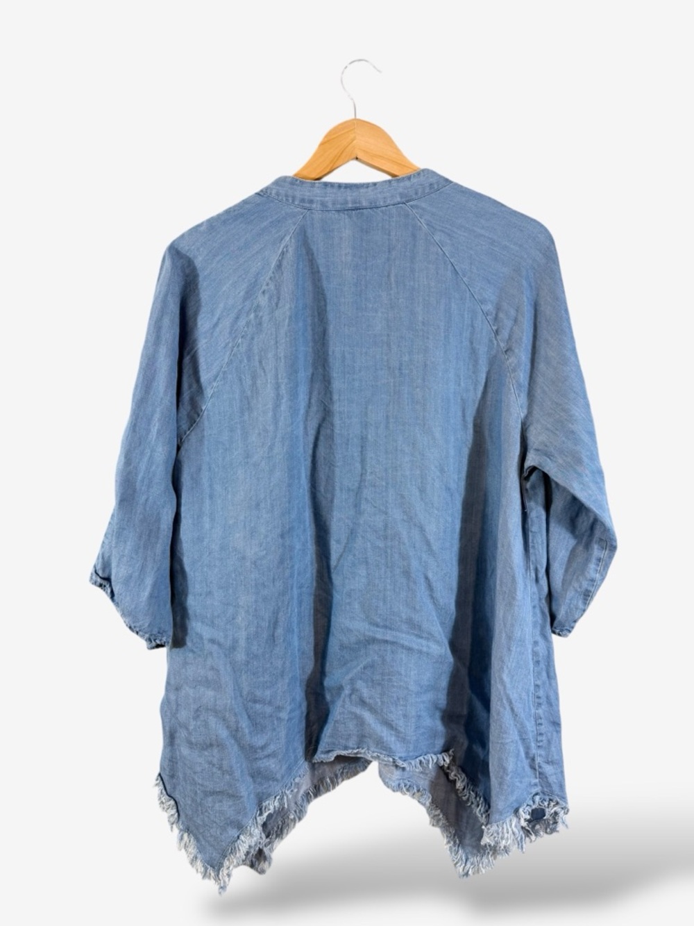 Hester & Orchard Denim Chambray Tunic XL Fringe Hem Asymmetrical Roll Tab Sleeve - Picture 8 of 8